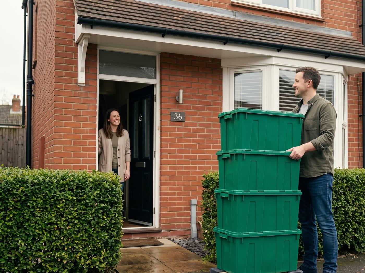 Our local team delivering a stack of clean green crates to a customer's door