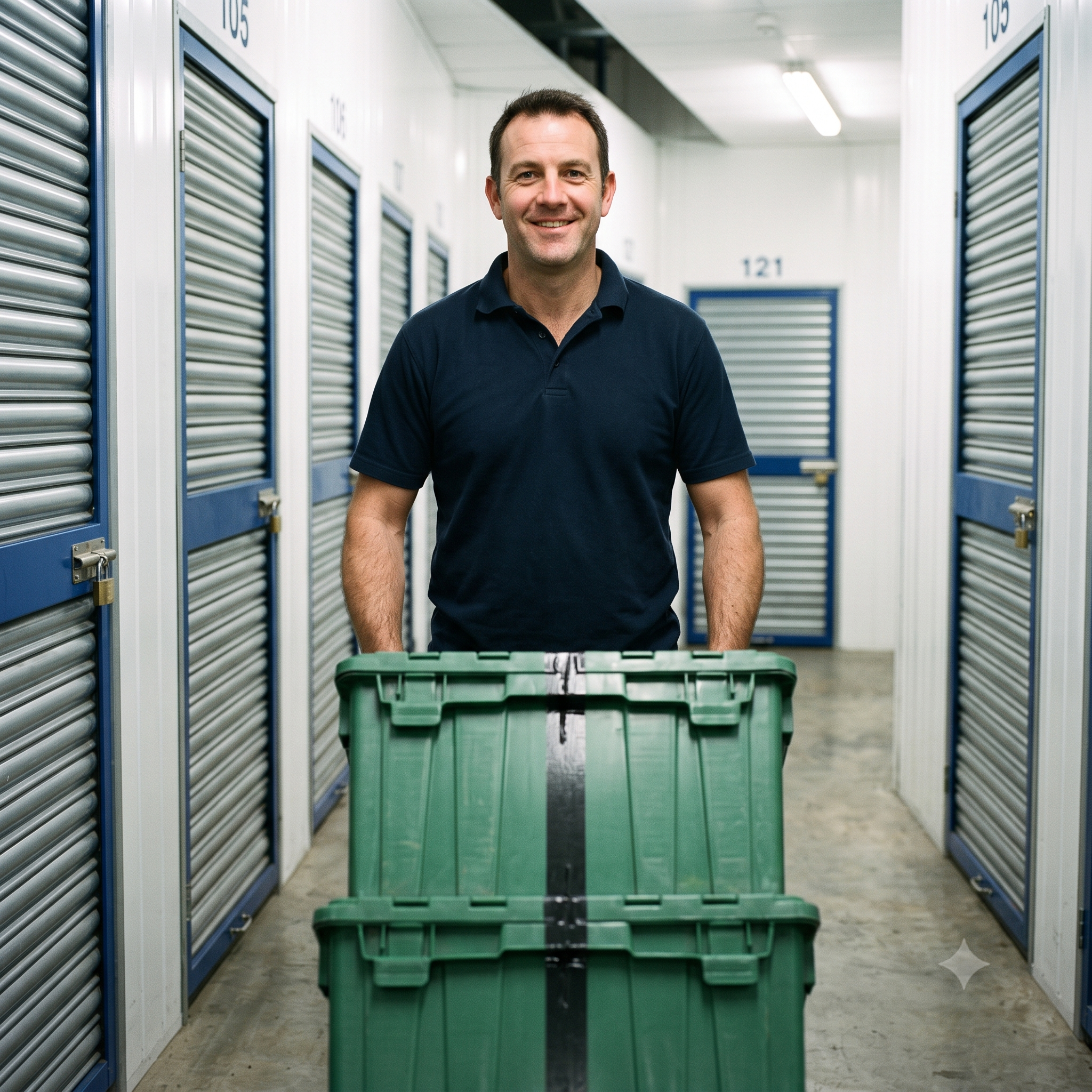 Sealed green reusable crates on a dolly being wheeled into a self-storage unit