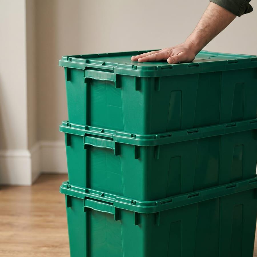 A sturdy stack of green reusable moving crates holding firm without collapsing